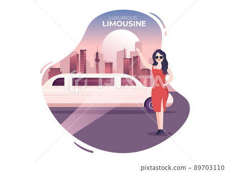 VIP Limousine Car of Red Carpet for Celebrity Superstar Walk with Night City Landscape View in Flat Cartoon Illustration 89703110