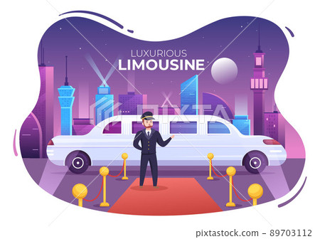 VIP Limousine Car of Red Carpet for Celebrity Superstar Walk with Night City Landscape View in Flat Cartoon Illustration 89703112