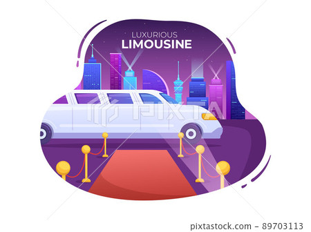 VIP Limousine Car of Red Carpet for Celebrity Superstar Walk with Night City Landscape View in Flat Cartoon Illustration 89703113