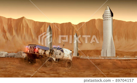 Martian rover drives across the rocky surface, observing the colonists base inside of the crater. 4K footage Martian rover drives across the rocky surface, observing the colonists base inside of the crater. 4K footage 89704157