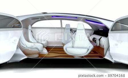 The driverless car opens its doors, transforming the cabin. 89704168