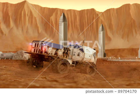 Martian rover drives across the rocky surface, observing the colonists base inside of the crater. 4K footage 89704170