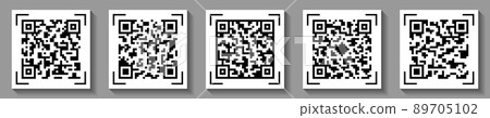 QR code icons, barcodes square pictograms, product label for mobile phone scanner, set of isolated signs, black on white. vector illustration. QR code icons, barcodes square pictograms, product label for mobile phone scanner, set of isolated signs, black on white. vector illustration. 89705102