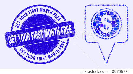 Blue Distress Get Your First Month Free Stamp and Dollar Map Marker Mosaic Blue Distress Get Your First Month Free Stamp and Dollar Map Marker Mosaic 89706773