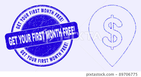 Blue Distress Get Your First Month Free Exclamation Stamp and Dollar Map Marker Mosaic Blue Distress Get Your First Month Free Exclamation Stamp and Dollar Map Marker Mosaic 89706775
