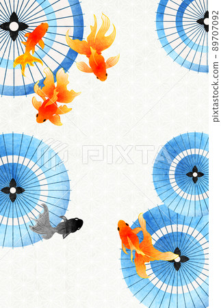 Summer greeting postcard with goldfish, Japanese umbrella and hemp leaf pattern 89707092