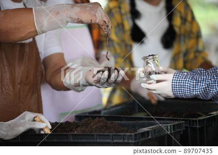 student holding earthworm. Selective focus to earthworm. farmer analyze organic farm . can be use for agriculture smart farm concept student holding earthworm. Selective focus to earthworm. farmer analyze organic farm . can be use for agriculture smart farm concept 89707435