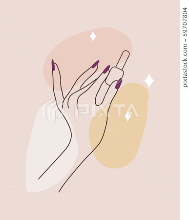 Vector logotype design for nail art studio. Modern design for manicure and pedicure salon beauty and spa center. Linear icon isolated on pink watercolor background 89707804