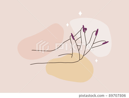 Manicure logo template for nail art studio. Modern design for beauty and spa center. Linear illustration isolated on pink watercolor background 89707806