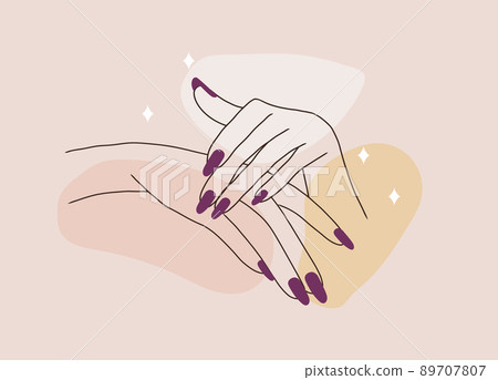 Female manicured hands. Lady painting, polishing nails. Nail polish. Vector Illustration of Elegant female hands in a trendy minimalist style. Beauty logo for nail studio or spa salon 89707807