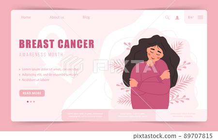 Breast cancer awareness month. Landing page template. Happy woman hugging herself. Annual international health campaign. Vector illustration in flat cartoon style Breast cancer awareness month. Landing page template. Happy woman hugging herself. Annual international health campaign. Vector illustration in flat cartoon style 89707815