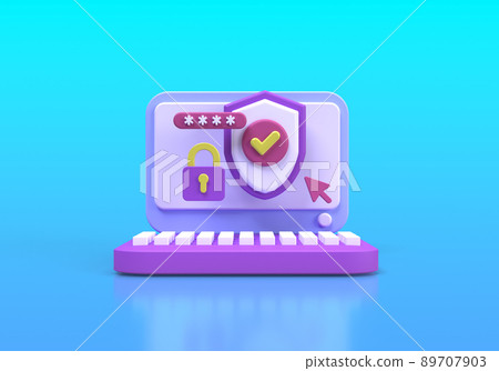Modern shield guard with laptop illustration background 3D render icon for business Modern shield guard with laptop illustration background 3D render icon for business 89707903