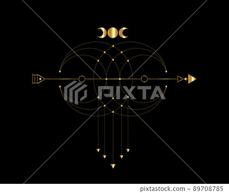 Sacred Geometry, mystical arrow and crescent moon, gold dotted lines in boho style, wiccan icon, alchemy esoteric mystical magic celestial talisman. Spiritual occultism vector isolated on black Sacred Geometry, mystical arrow and crescent moon, gold dotted lines in boho style, wiccan icon, alchemy esoteric mystical magic celestial talisman. Spiritual occultism vector isolated on black 89708785