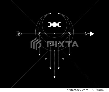 Sacred Geometry, mystical arrow and crescent moon, dotted lines in boho style, wiccan icon, alchemy esoteric mystical magic celestial talisman. Spiritual occultism vector isolated on black background 89708822