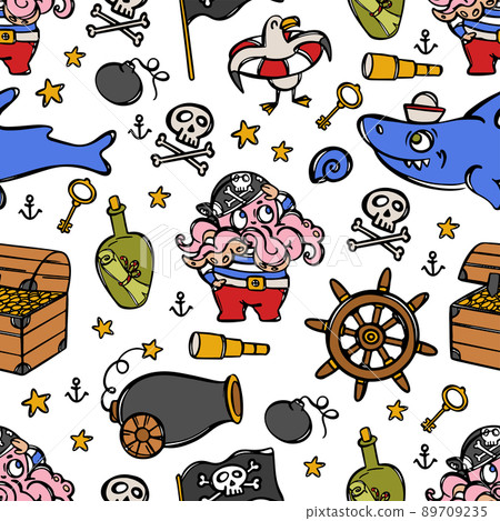 PIRATE AND SHARK Corsair With Octopus Head Marine Theme Sea Animals Cartoon Hand Drawn Seamless Pattern Vector Illustration On White With Travel Attributes 89709235