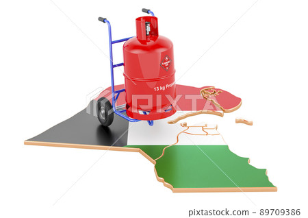 Kuwaiti map with propane gas cylinder on hand truck. Gas Delivery Service in Kuwait, concept. 3D rendering 89709386