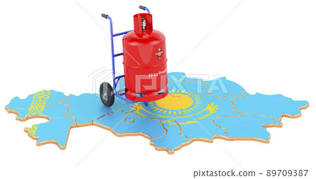Kazakh map with propane gas cylinder on hand truck. Gas Delivery Service in Kazakhstan, concept. 3D rendering Kazakh map with propane gas cylinder on hand truck. Gas Delivery Service in Kazakhstan, concept. 3D rendering 89709387