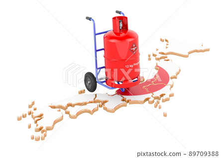 Japanese map with propane gas cylinder on hand truck. Gas Delivery Service in Japan, concept. 3D rendering Japanese map with propane gas cylinder on hand truck. Gas Delivery Service in Japan, concept. 3D rendering 89709388