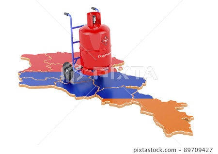 Armenian map with propane gas cylinder on hand truck. Gas Delivery Service in Armenia, concept. 3D rendering Armenian map with propane gas cylinder on hand truck. Gas Delivery Service in Armenia, concept. 3D rendering 89709427