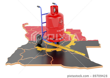 Angolan map with propane gas cylinder on hand truck. Gas Delivery Service in Angola, concept. 3D rendering 89709428