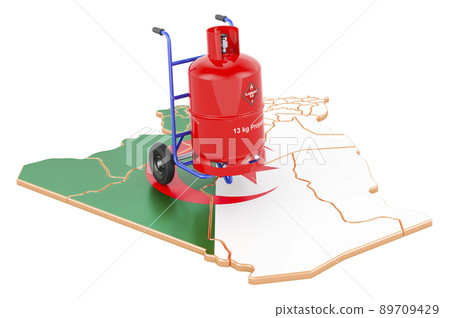 Algerian map with propane gas cylinder on hand truck. Gas Delivery Service in Algeria, concept. 3D rendering Algerian map with propane gas cylinder on hand truck. Gas Delivery Service in Algeria, concept. 3D rendering 89709429