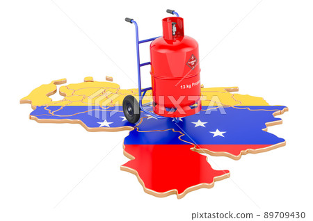 Venezuelan map with propane gas cylinder on hand truck. Gas Delivery Service in Venezuela, concept. 3D rendering 89709430