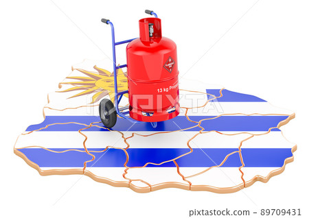 Uruguayan map with propane gas cylinder on hand truck. Gas Delivery Service in Uruguay, concept. 3D rendering Uruguayan map with propane gas cylinder on hand truck. Gas Delivery Service in Uruguay, concept. 3D rendering 89709431