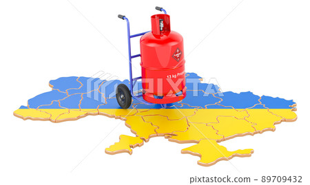 Ukrainian map with propane gas cylinder on hand truck. Gas Delivery Service in Ukraine, concept. 3D rendering Ukrainian map with propane gas cylinder on hand truck. Gas Delivery Service in Ukraine, concept. 3D rendering 89709432