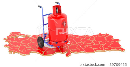 Turkish map with propane gas cylinder on hand truck. Gas Delivery Service in Turkey, concept. 3D rendering Turkish map with propane gas cylinder on hand truck. Gas Delivery Service in Turkey, concept. 3D rendering 89709433