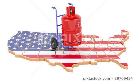 The United States map with propane gas cylinder on hand truck. Gas Delivery Service in the USA, concept. 3D rendering 89709434