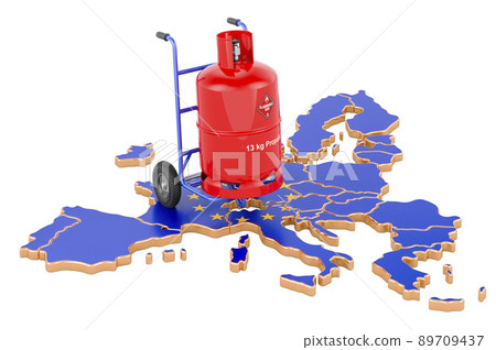 The EU map with propane gas cylinder on hand truck. Gas Delivery Service in the European Union, concept. 3D rendering The EU map with propane gas cylinder on hand truck. Gas Delivery Service in the European Union, concept. 3D rendering 89709437