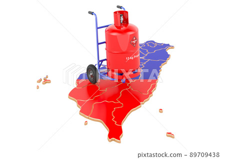 Taiwanese map with propane gas cylinder on hand truck. Gas Delivery Service in Taiwan, concept. 3D rendering Taiwanese map with propane gas cylinder on hand truck. Gas Delivery Service in Taiwan, concept. 3D rendering 89709438