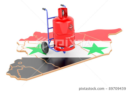 Syrian map with propane gas cylinder on hand truck. Gas Delivery Service in Syria, concept. 3D rendering Syrian map with propane gas cylinder on hand truck. Gas Delivery Service in Syria, concept. 3D rendering 89709439