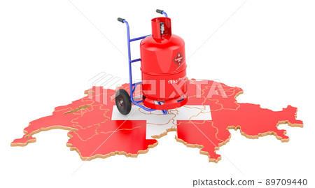 Swiss map with propane gas cylinder on hand truck. Gas Delivery Service in Switzerland, concept. 3D rendering 89709440
