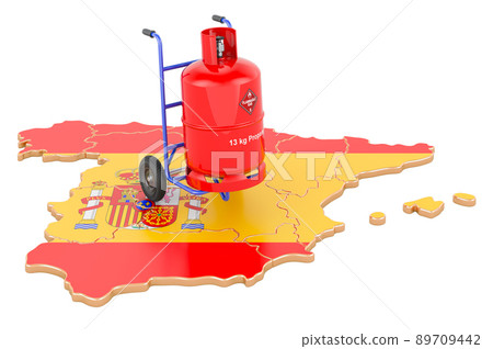 Spanish map with propane gas cylinder on hand truck. Gas Delivery Service in Spain, concept. 3D rendering Spanish map with propane gas cylinder on hand truck. Gas Delivery Service in Spain, concept. 3D rendering 89709442