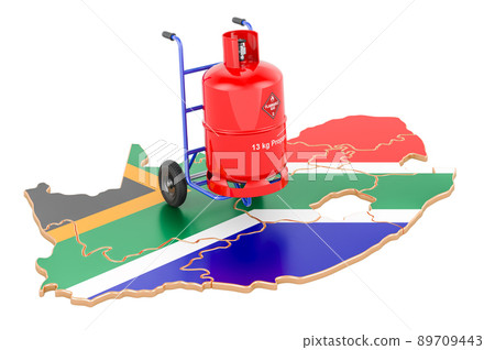 South African map with propane gas cylinder on hand truck. Gas Delivery Service in South Africa, concept. 3D rendering South African map with propane gas cylinder on hand truck. Gas Delivery Service in South Africa, concept. 3D rendering 89709443