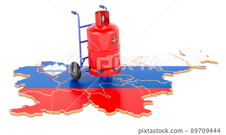 Slovenian map with propane gas cylinder on hand truck. Gas Delivery Service in Slovenia, concept. 3D rendering Slovenian map with propane gas cylinder on hand truck. Gas Delivery Service in Slovenia, concept. 3D rendering 89709444