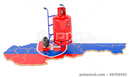 Slovak map with propane gas cylinder on hand truck. Gas Delivery Service in Slovakia, concept. 3D rendering Slovak map with propane gas cylinder on hand truck. Gas Delivery Service in Slovakia, concept. 3D rendering 89709445