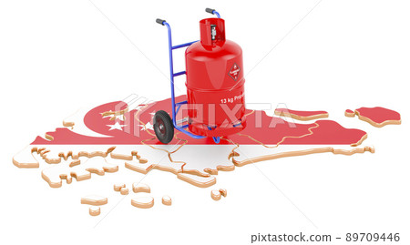 Singaporean map with propane gas cylinder on hand truck. Gas Delivery Service in Singapor, concept. 3D rendering Singaporean map with propane gas cylinder on hand truck. Gas Delivery Service in Singapor, concept. 3D rendering 89709446