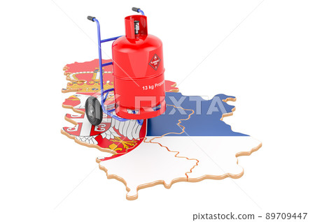 Serbian map with propane gas cylinder on hand truck. Gas Delivery Service in Serbia, concept. 3D rendering Serbian map with propane gas cylinder on hand truck. Gas Delivery Service in Serbia, concept. 3D rendering 89709447