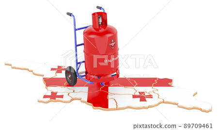 Georgian map with propane gas cylinder on hand truck. Gas Delivery Service in Georgia, concept. 3D rendering 89709461
