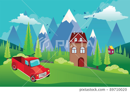 Mountains green hills and red pickup Mountains green hills and red pickup 89710020