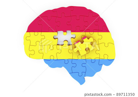 Pansexual flag painted on the brain from puzzles. 3D rendering 89711350