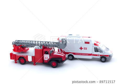 Toy fire truck and ambulance on white background, isolated Toy fire truck and ambulance on white background, isolated 89711517