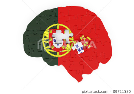 Portuguese flag painted on the brain from puzzles. Scientific research and education in Portugal concept, 3D rendering Portuguese flag painted on the brain from puzzles. Scientific research and education in Portugal concept, 3D rendering 89711580