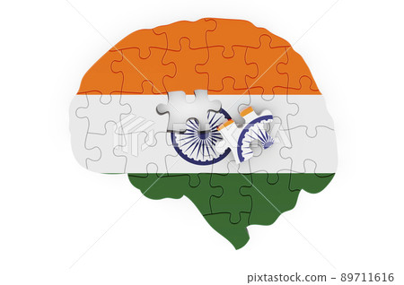 Indian flag painted on the brain from puzzles. Scientific research and education in India concept, 3D rendering Indian flag painted on the brain from puzzles. Scientific research and education in India concept, 3D rendering 89711616