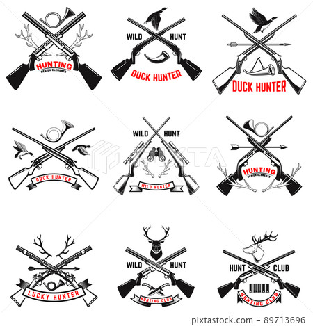 Set of hunting emblem templates. Hunting rifles, dog,duck and deer. Design element for logo, label, sign, poster, t shirt. Vector illustration 89713696