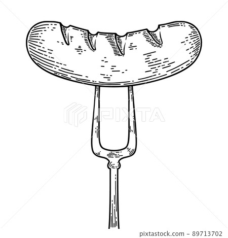 Illustration of roasted sausage on fork. Engraving vector illustration. Design element for menu, bar, food court,fast food restaurant. Illustration of roasted sausage on fork. Engraving vector illustration. Design element for menu, bar, food court,fast food restaurant. 89713702