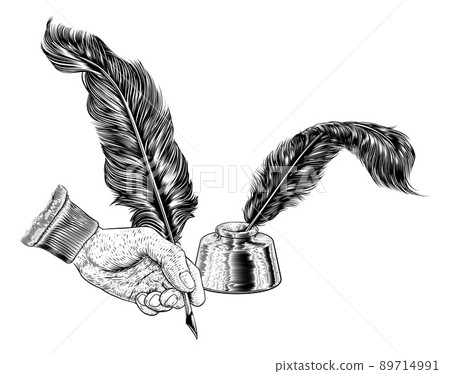 A feather quill ink writing pen and inkwell in a vintage retro woodcut or  woodblock line art drawing style Stock Vector