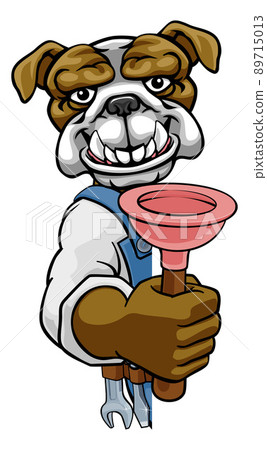 Bulldog Plumber Cartoon Mascot Holding Plunger Bulldog Plumber Cartoon Mascot Holding Plunger 89715013